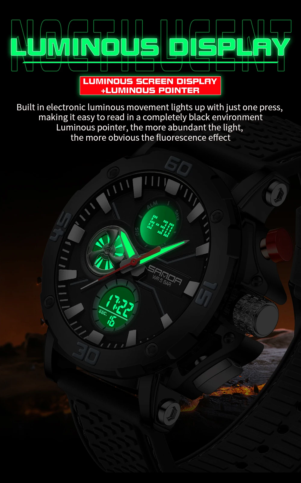 SANDA New 3350 Luxury Stainless Steel Watch Men Military Sport Quartz Waterproof Luminous Stopwatch Electronic Digital Men Watch 5