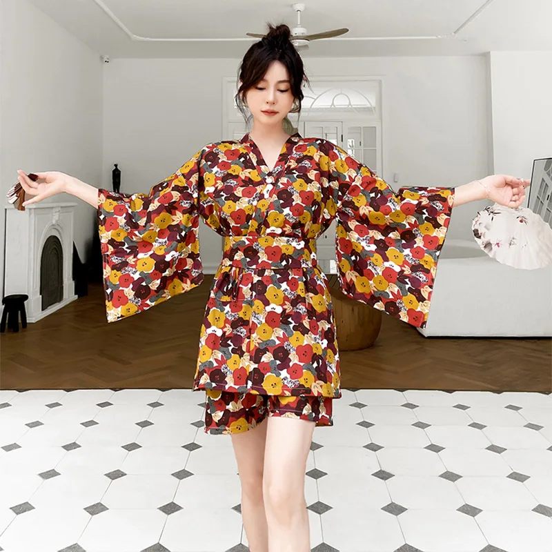 Japan Style Kimono Pajamas Sets Women Cotton Short Sleeve Sleep Lounge