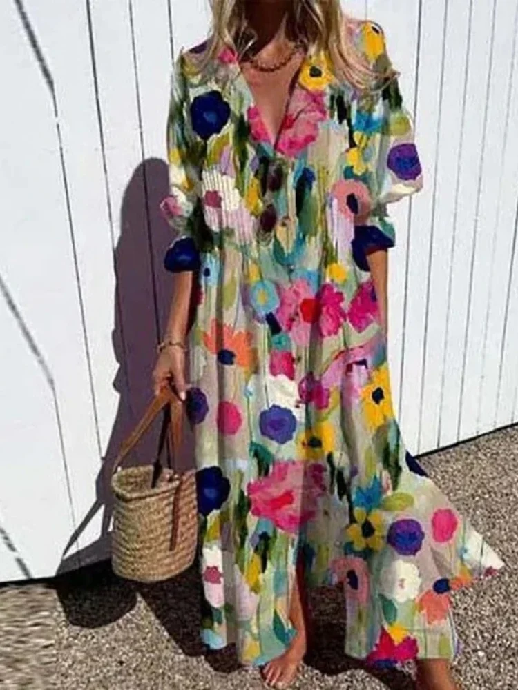 Wmstar Women Dress Wholesale Loose Pleated Independent Station Printed Temperament Commuter Long Sleeve Dresses New Style