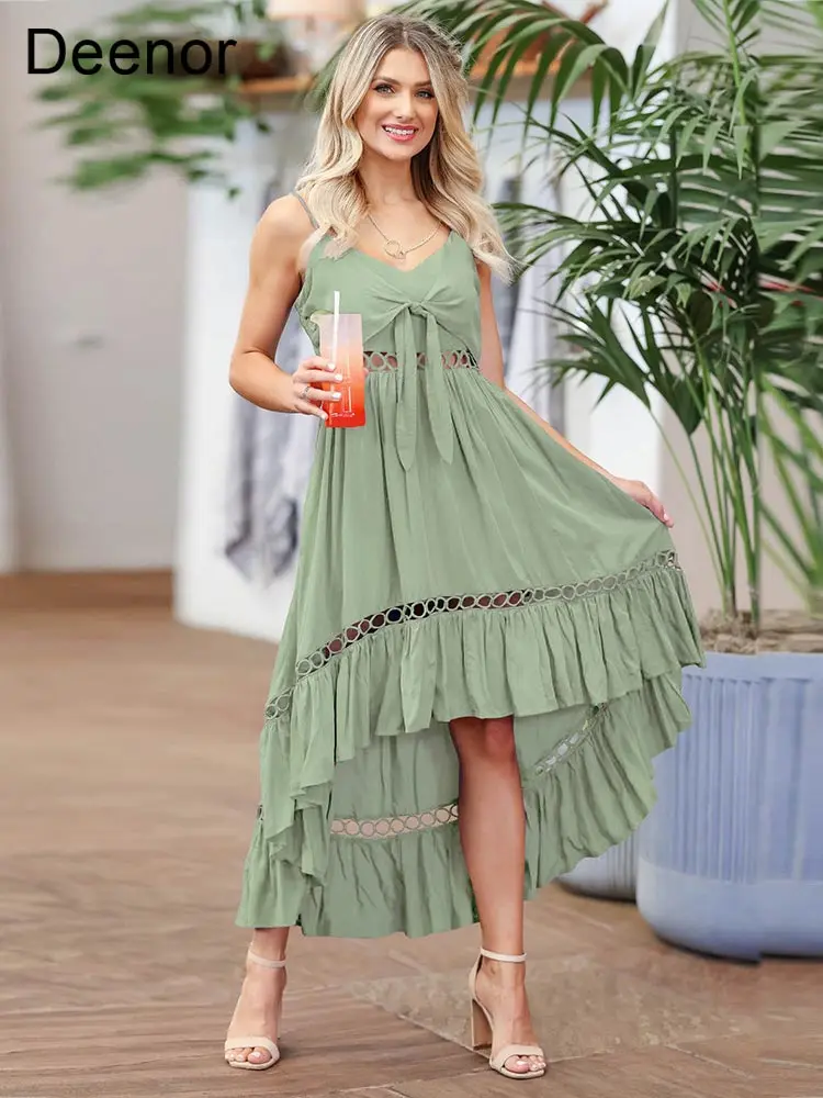 

Deenor Long Dress for Women Solid Color Slim Sexy Chiffon Dress 2022 Summer Sundresses Lace Suspender Skirt