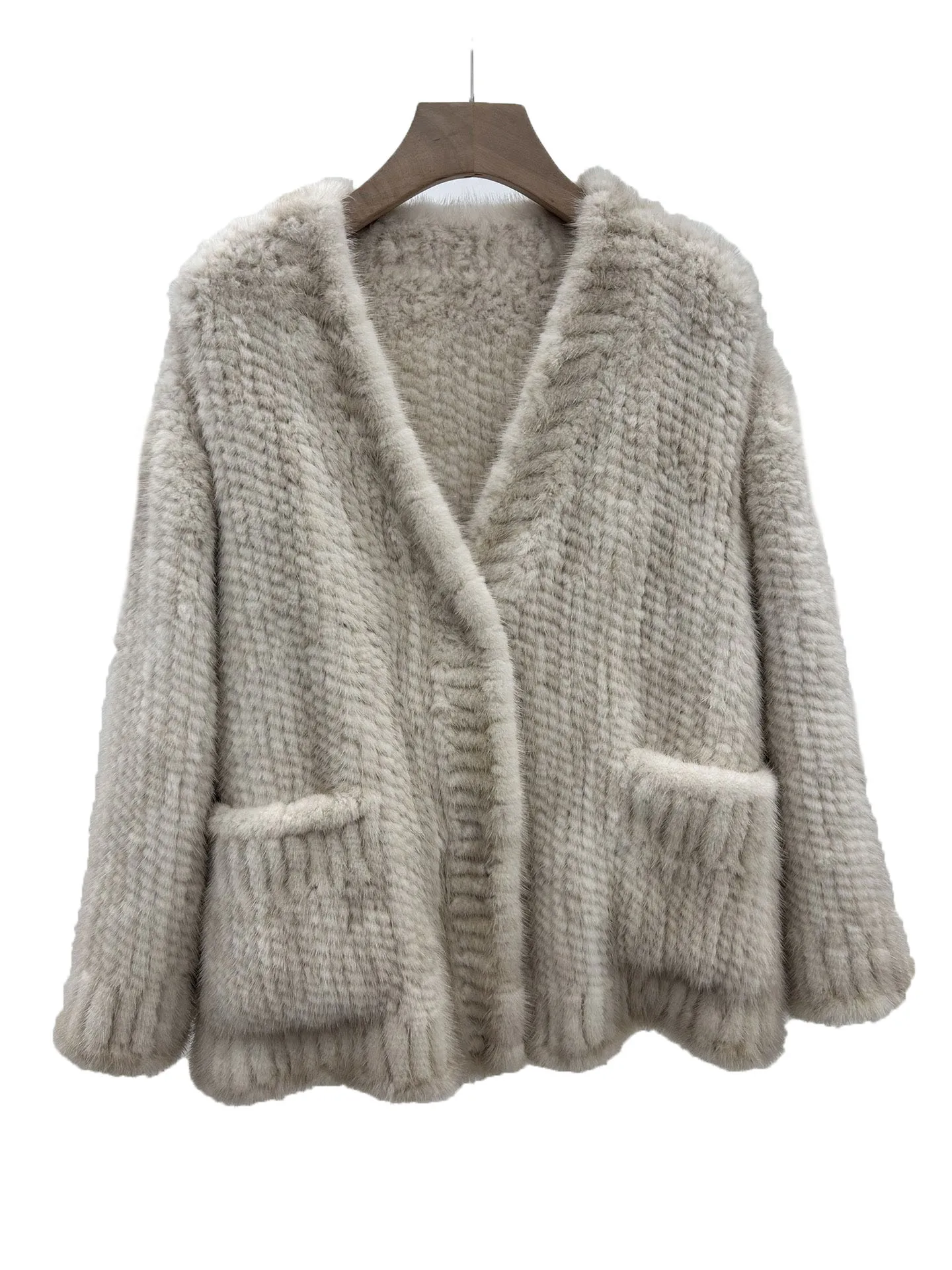 

Fur coat V collar short loose version of the double pocket design warm and comfortable 2023 winter new 1114