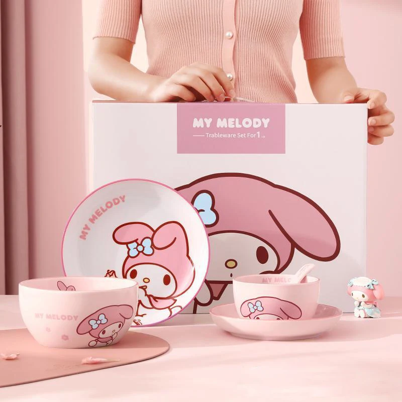 MINISO Cinnamoroll Ceramic Plates Bowl Fork Spoon My Melody Cartoon Porcelain Rice Bowl Hello Kitty Kitchen Dishes Sets Full 3