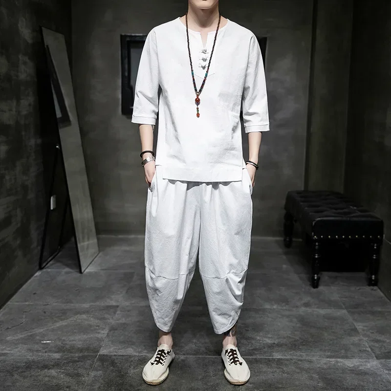 Japanese Style Suits Kimono Short-Sleeved T-shirt Pants Two Piece Men Tops Trousers Male Japan Harajuku Yukata Cardigan Costume japanese kimono cardigan japanese kimono japanese kimono shirt
