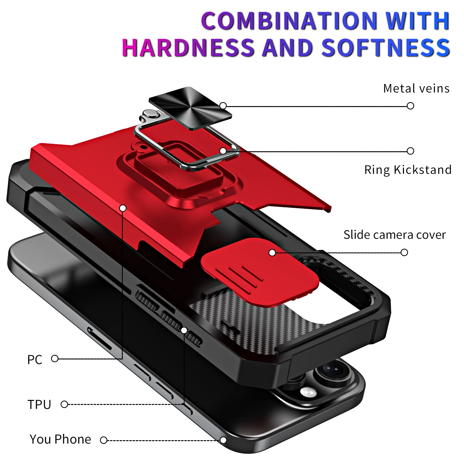 Rotating Armor Hybrid Case with Slide Camera Lens Cover and Ring Stand