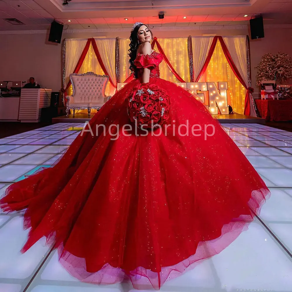 Angelsbride Red Blingling Tulle Quinceanera Dresses Handmade Beading Princess Sweet 16 Ball Gown Vestidos De 15 A&ntilde;os