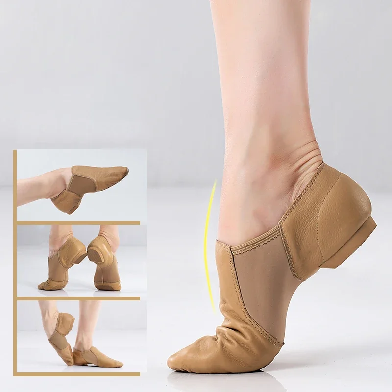 

Genuine Leather Jazz Dance Shoes Tan Black Antiskid Sole Jazz Shoes High Quality Adults Dance Sneakers For Girls Women