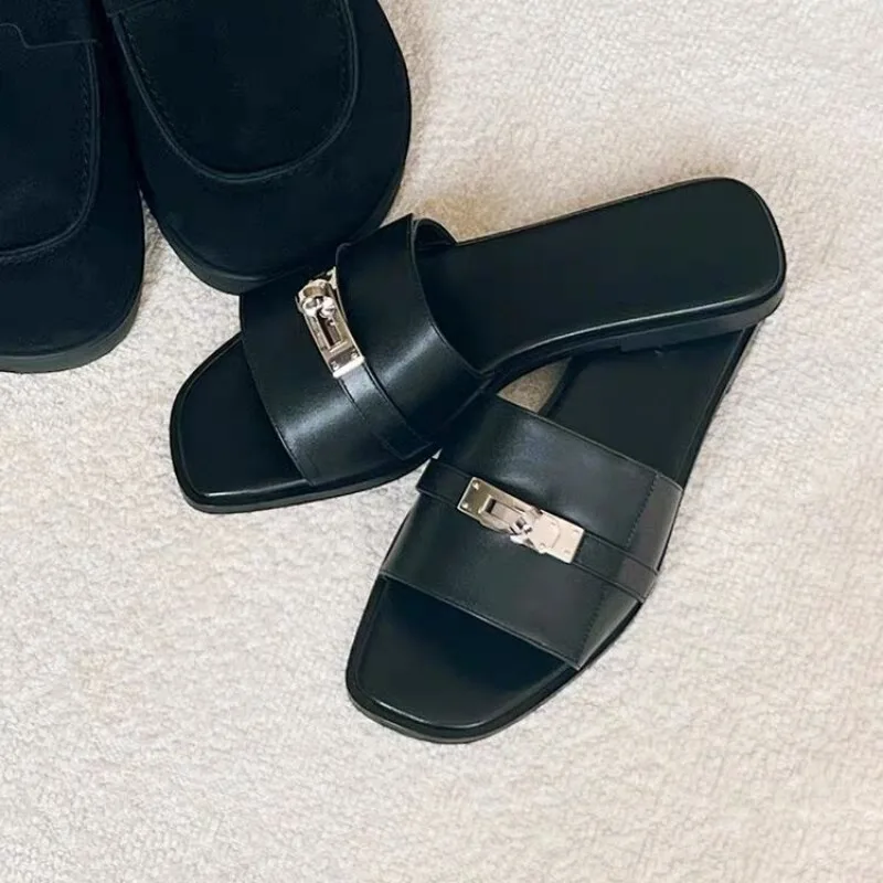 Slippers Casual Fretwork Heels String Bead Shoes Woman 2024 Pantofle Shale Female Beach Luxury Soft Flat New Sabot Fashion Slide