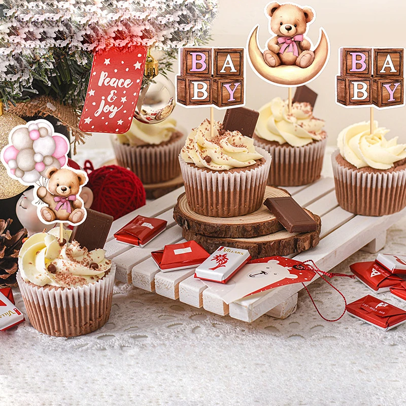 12/1pcs Pink Blue Balloon Bear Cupcake Toppers Baby Shower Supplies Gender Reveal Decor Boy Girl Birthday Party Cake Decor