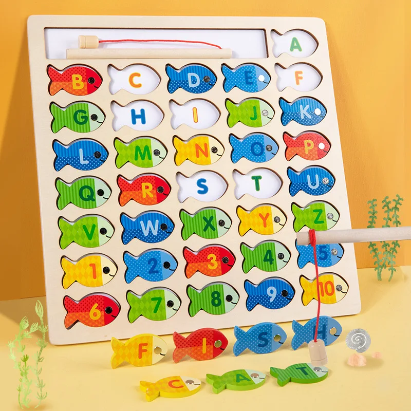 Wooden alphanumeric cognition early education puzzle magnetic fishing toys children's games 0-4