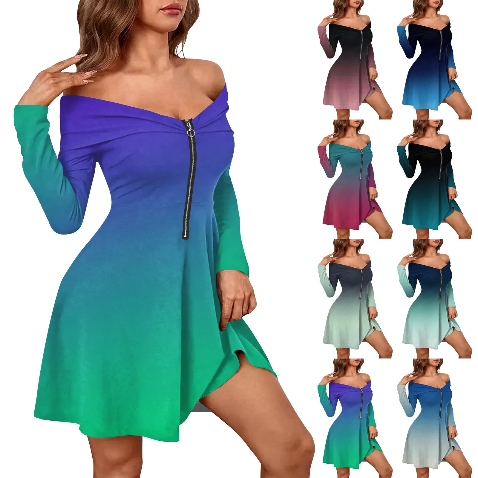 

Women's Casual Fashion Long Sleeve Gradient Print Zipper Sexy Off-Shoulder Dresss Chic And Elegant Woman Dress Glamorous Radiant