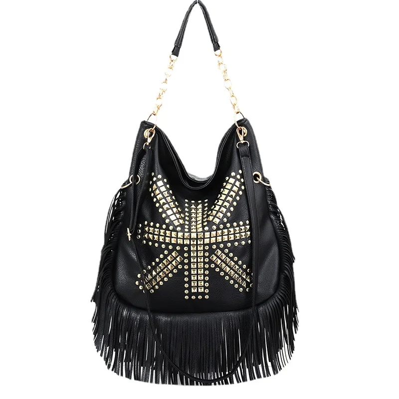 

IPinee Fashion Trend Rivet Soft Leather Tassel Bag, Popular Travel Handheld One Shoulder Diagonal Straddle Large Bag