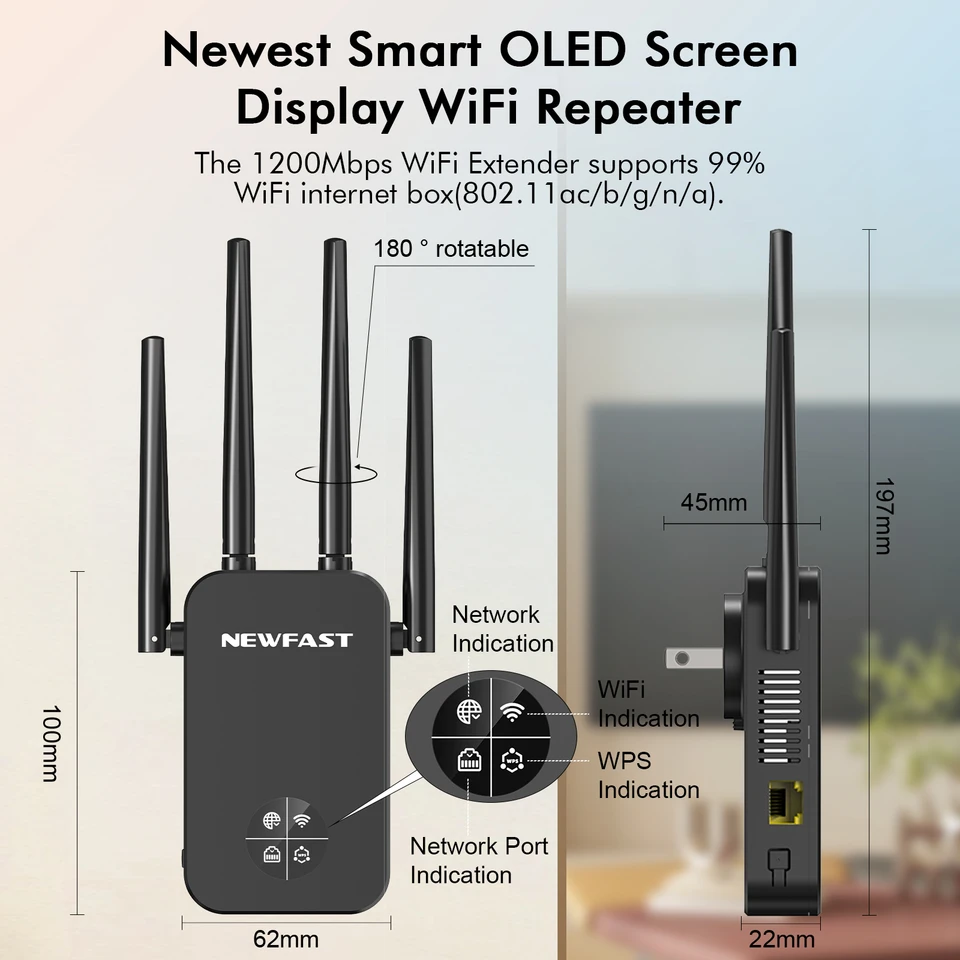 Répéteur WiFi NEWFAST AC1200 Double Bande - 4 Antennes, Extension De Réseau - Modèle NF-RE523