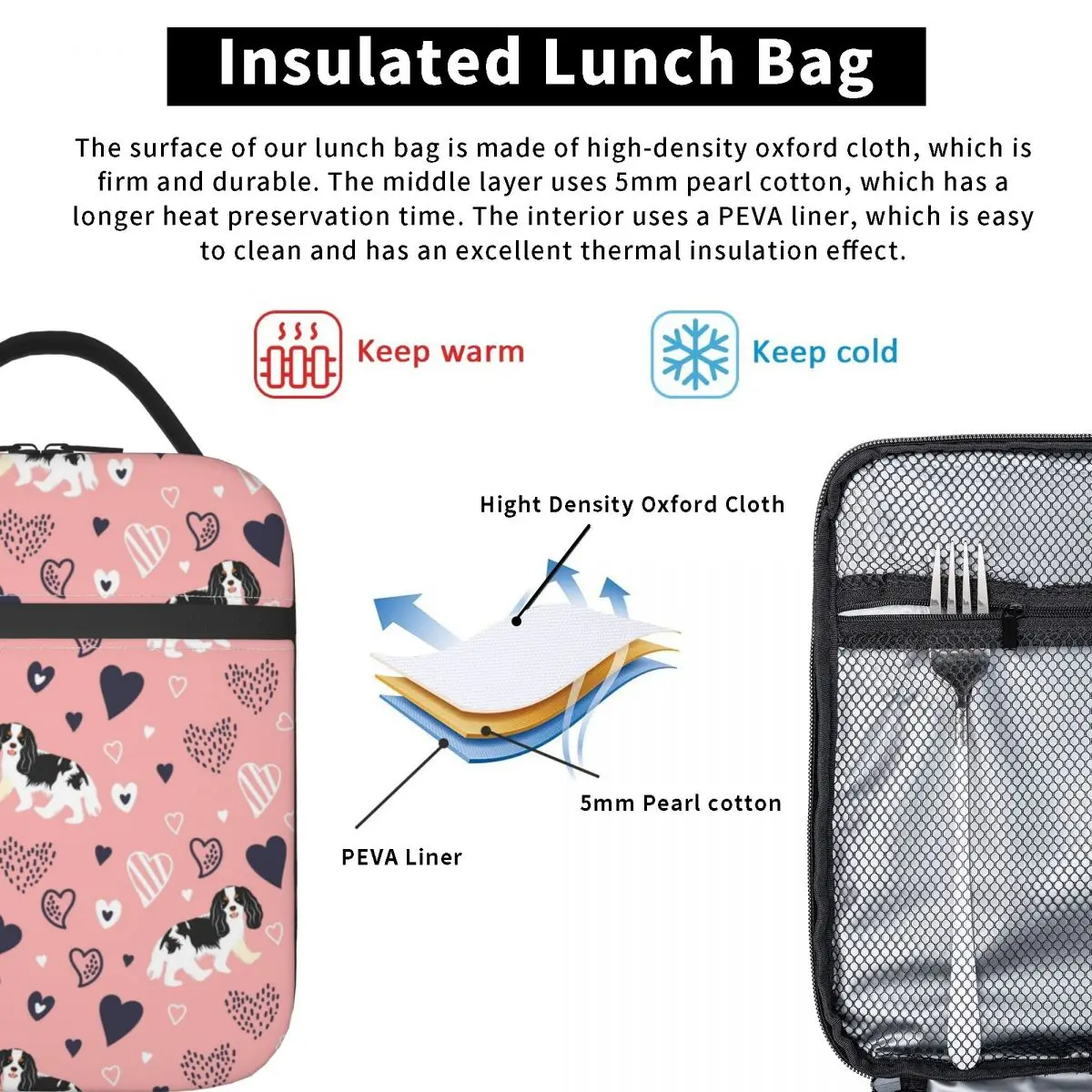 Love Black And White Cavalier King Charles Spaniel Thermal Insulated Lunch Bags Pink Pet Dog Lunch Tote Multifunction Food Box