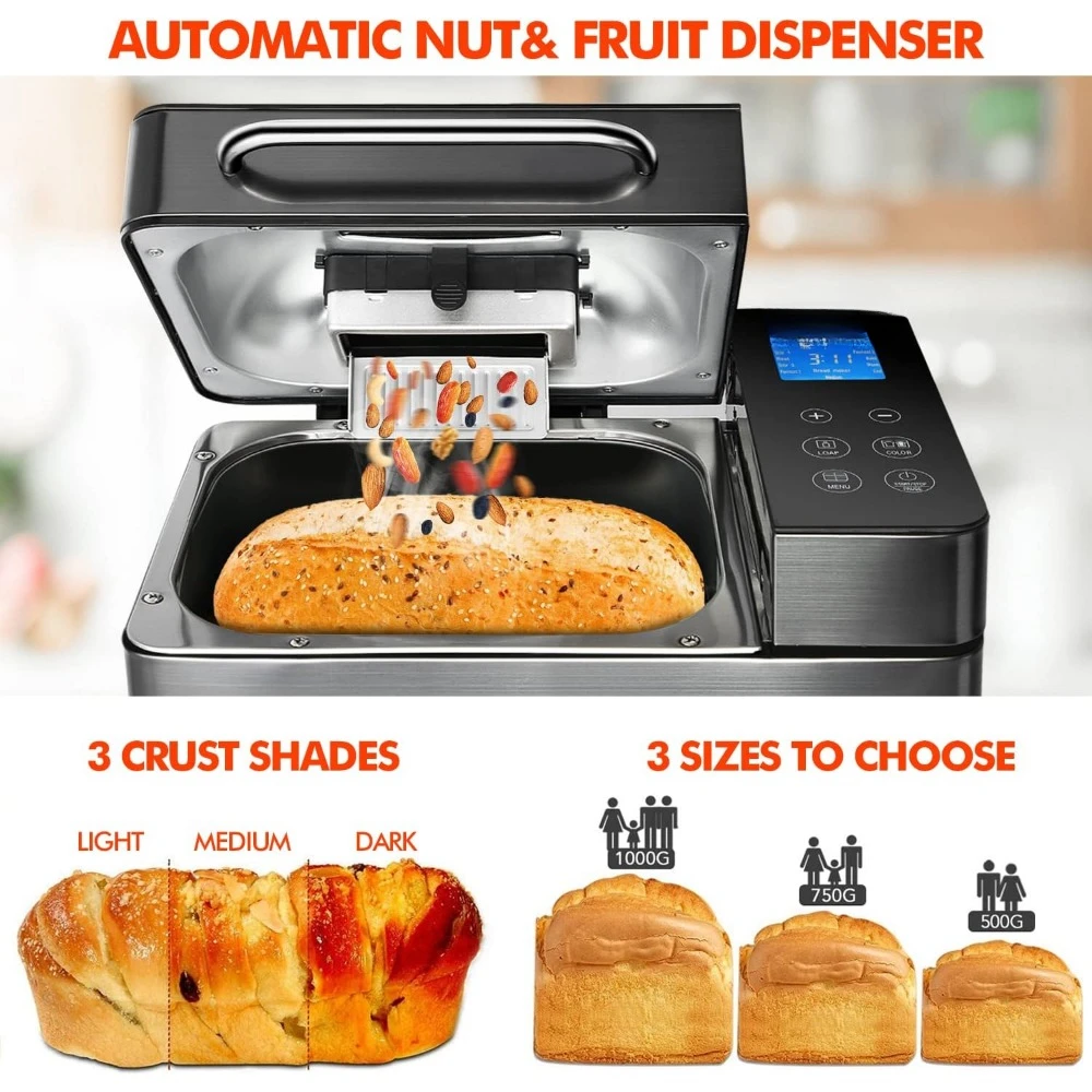 17-in-1 bread maker, 710W dual heater bread maker, 2LB stainless steel bread maker, with nut dispenser and ceramic pot 5