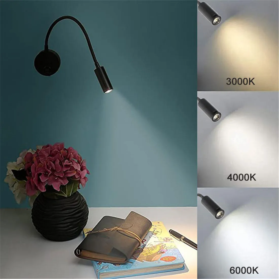 Bronze 3W LED Reading Light Black White Silver Gooseneck Wall Lamp for Bed Headboard Desk 4000K Bedside Switch LED Night Lamp 5
