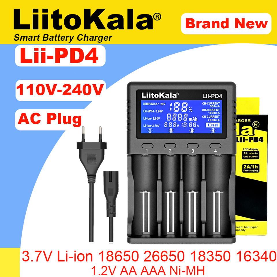 LiitoKala Lii-PD4 LCD 3.7 v 18650 18350 18500 16340 21700 20700B 20700 10440 14500 26650 1.2 v AAA NiMH lithium-battery Charger