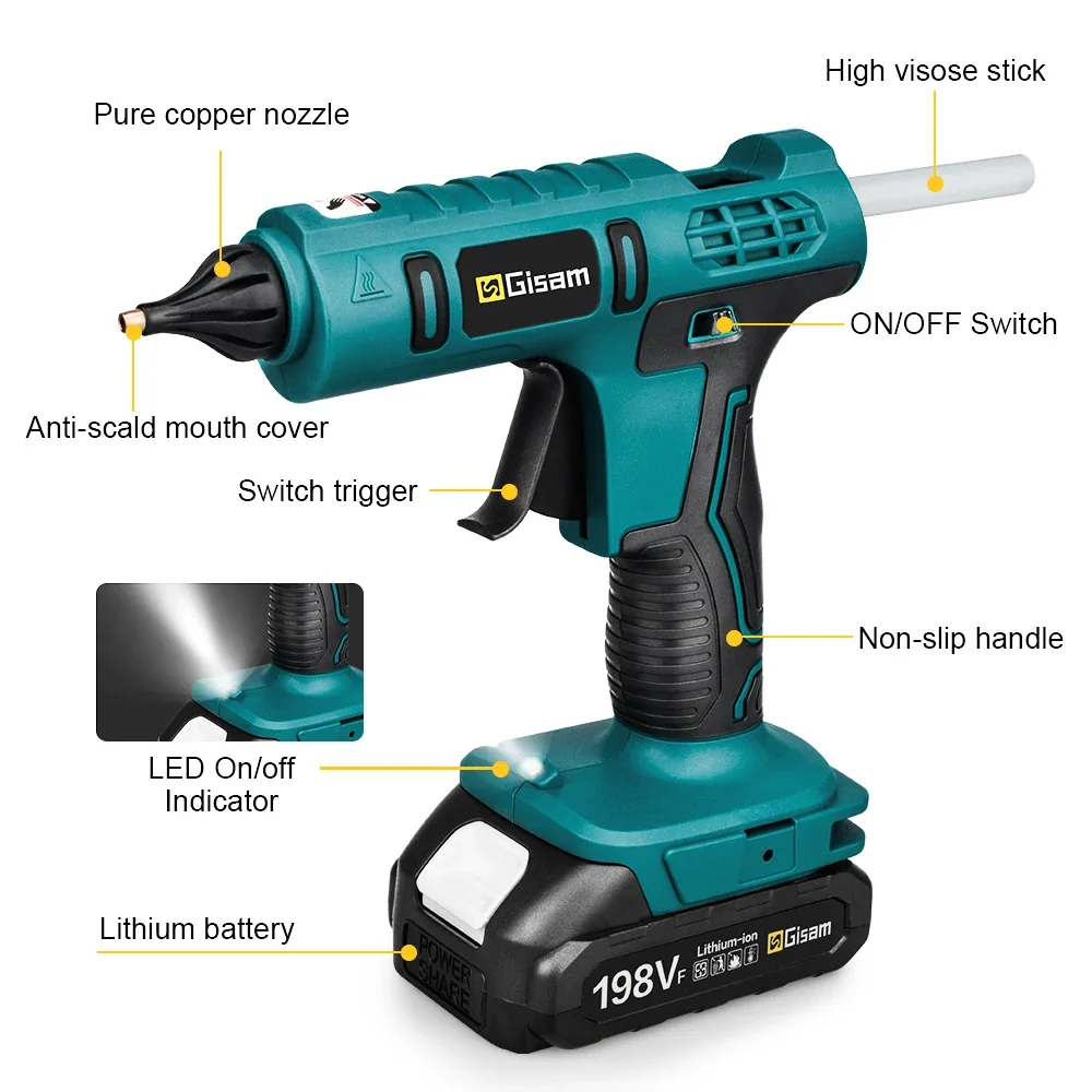 GISAM Cordless Electric Hot Glue Gun, battery powered heat silicone gun with 10 hot melt adhesive sticks, DIY hand tool compatible with Makita 18V battery - Image 2