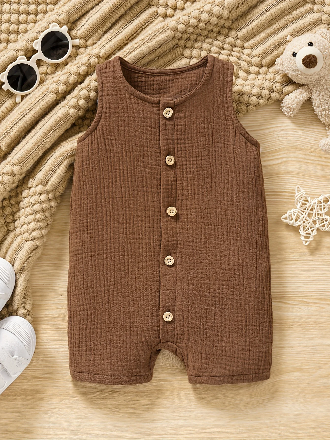 Baby's Comfy Cotton Button Front Bodysuit, Casual Solid Color Sleeveless Romper, Toddler & Infant Boy's Clothing 1