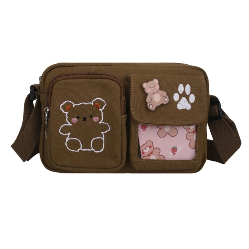 

Cute Bear Embroidery Crossbody Bag Canvas Shoulder Purse Stylish Messenger Bag Square Bag Student Bag for Teen Girls 517D