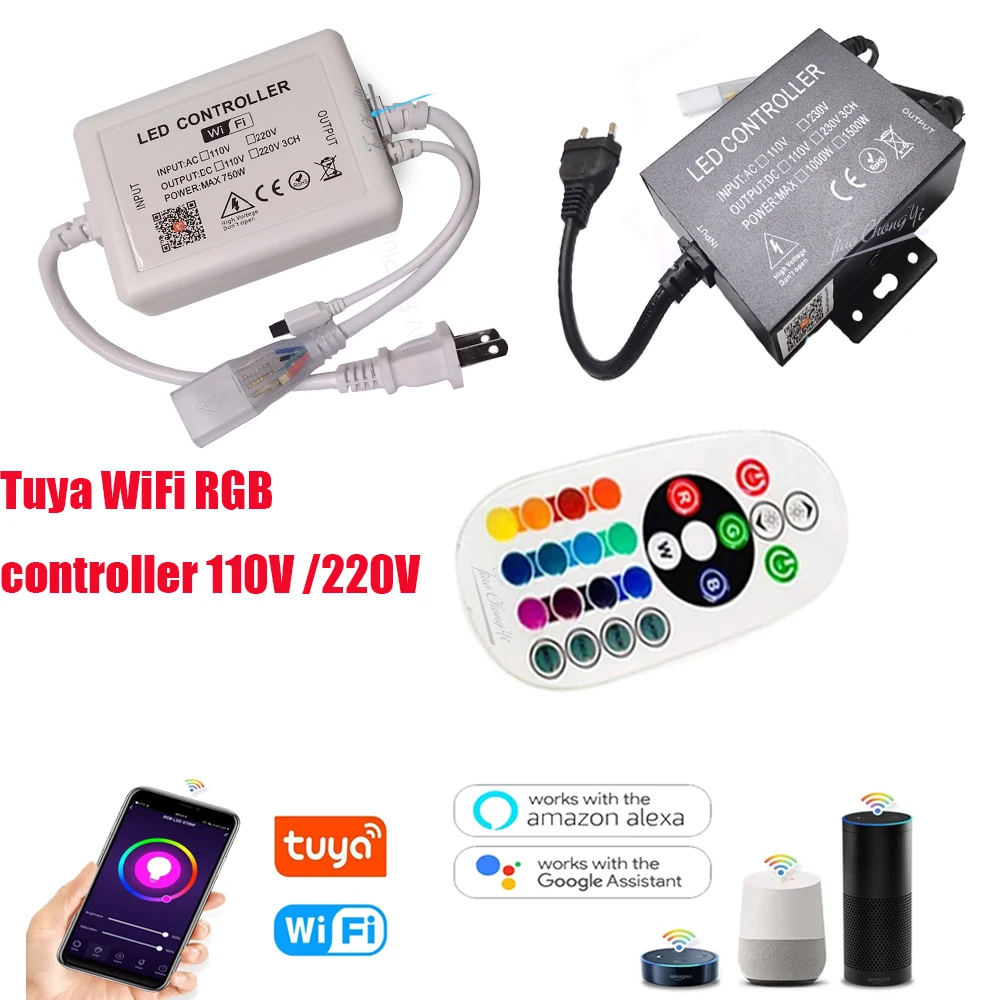 

AC110V/220V Tuya WiFi приложение для управления освещением с 24-клавишным ИК-пультом дистанционного управления для 5050 110V 220V RGB Светодиодная лента, неоновая лампа с вилкой Стандарта ЕС и США
