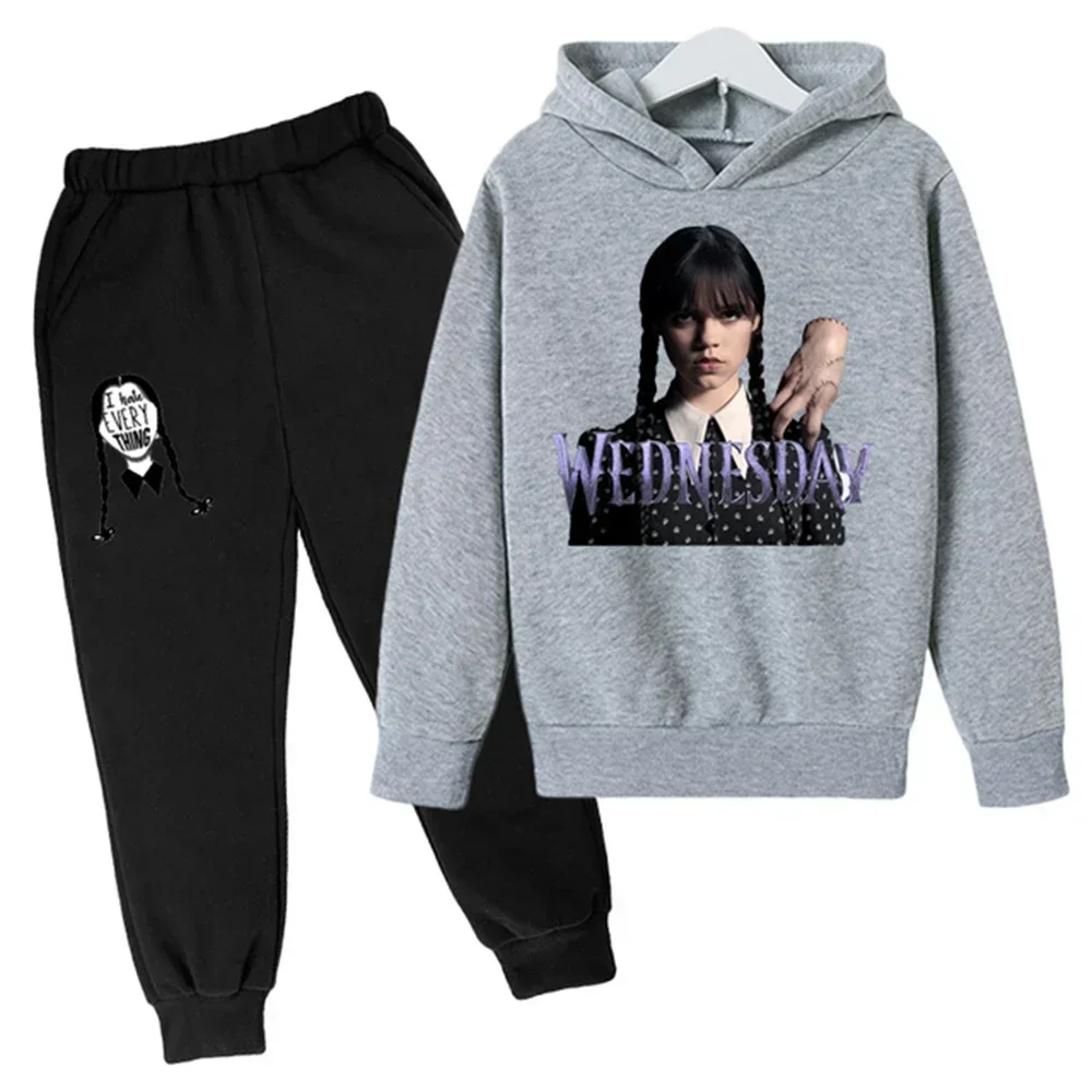 Nueva sudadera con capucha y pantalones de primavera y otoño de Wednesday Addams para niños, 2 piezas, trajes de 2 a 14 años, ropa de calle para niños y niñas, ropa de bebé para niños