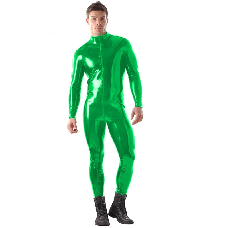 Plus Size S-6XL Men Wetlook PVC Bodycon Jumpsuit Front Zipper Zentai Long Sleeve Cosplay Catsuit Halloween Performance Costume