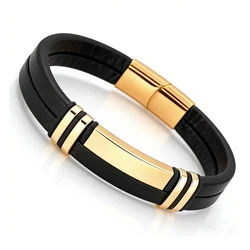 Men's Multi - Strand Braided Leather Bracelet with Stainless Steel Clasp - Trendy Fashion Jewelry Gift - 21cm (Gold Color)