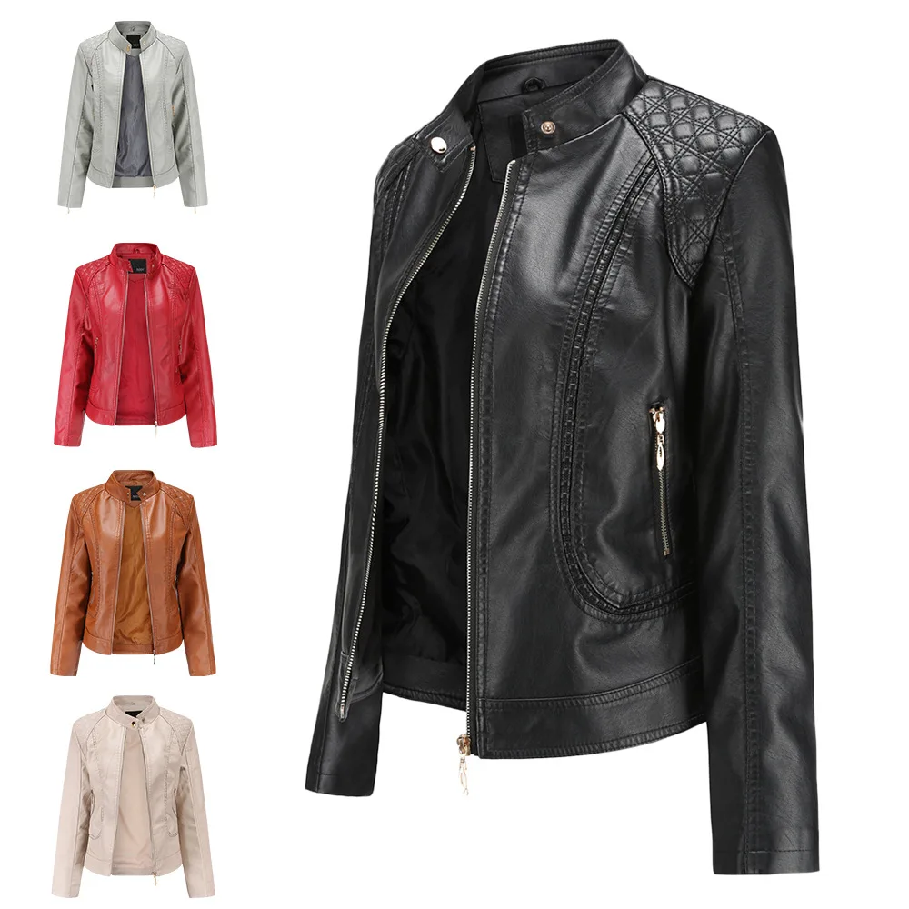 

New 2023 spring and autumn women's leather dress feminine temperament Europe and the United States large size standing collar PU