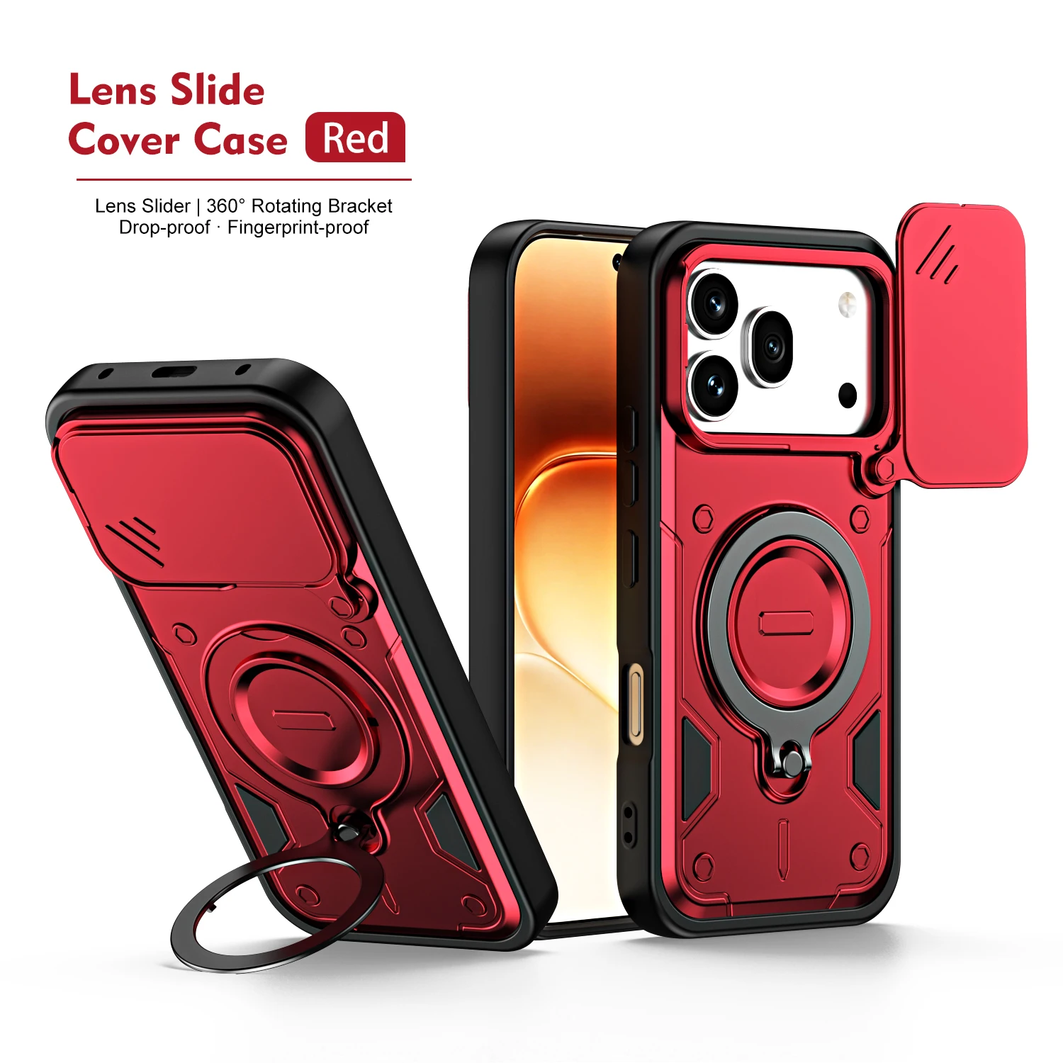 Dual-Function Dropproof Protective Case with Sliding Lens Cover and Metal Ring Bracket