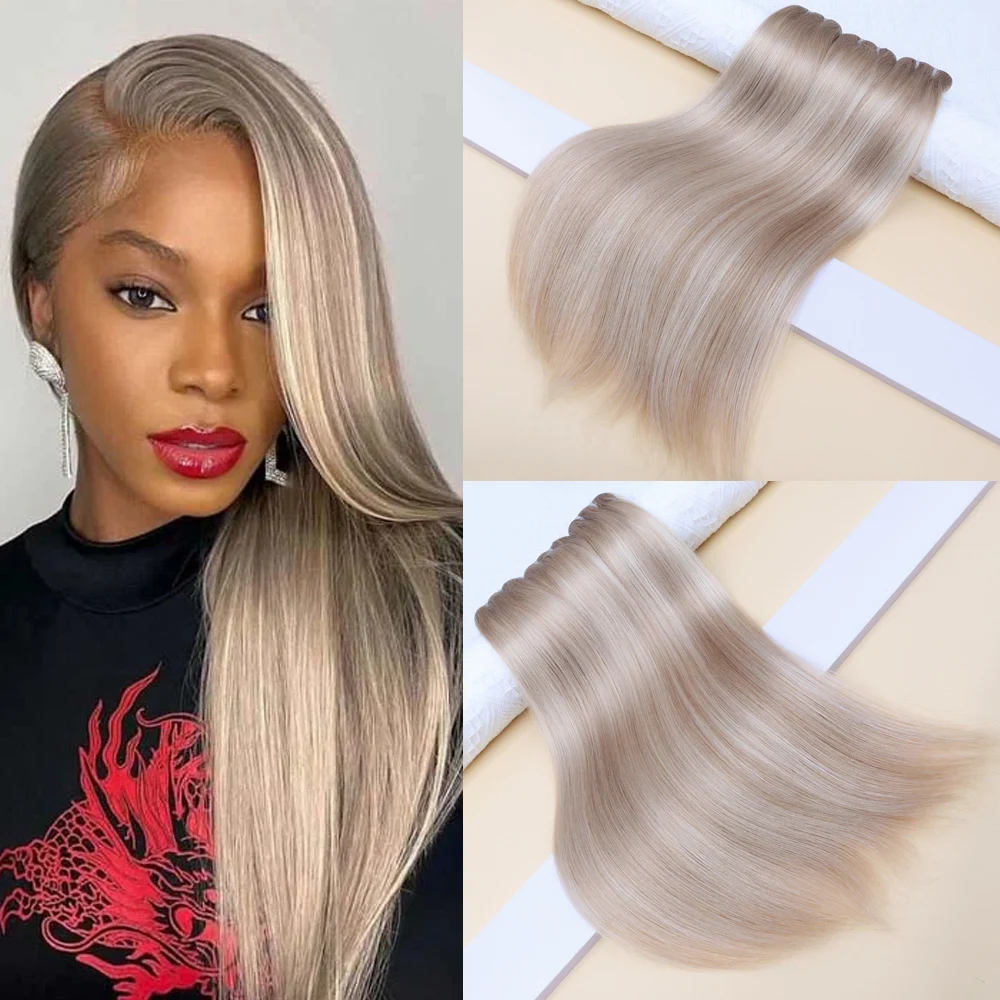 Mèches Biondo Cenere Mescolato con Biondo Schiarito, Set Completo di Ciocche di Capelli Vergini Vietnamiti Lisci, Estensioni di Capelli a Trama a Doppia Trama