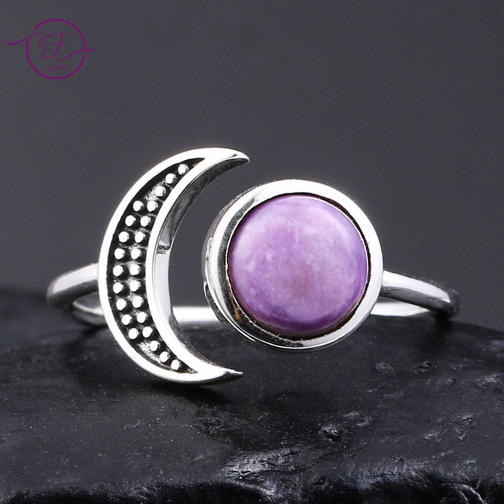 

Natural Charoite Adjustable Silver Open Ring for Women Moon Shape Fashion Party Jewelry Wedding Ring Gift Wholesale