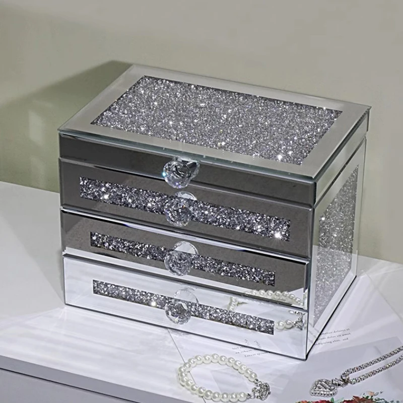 Silver Glass Jewelry Storage Box Luxury 3 Layers Large Capacity Jewelry Boxes Earrings Necklace Makeup Drawer Organizers Gifts 3