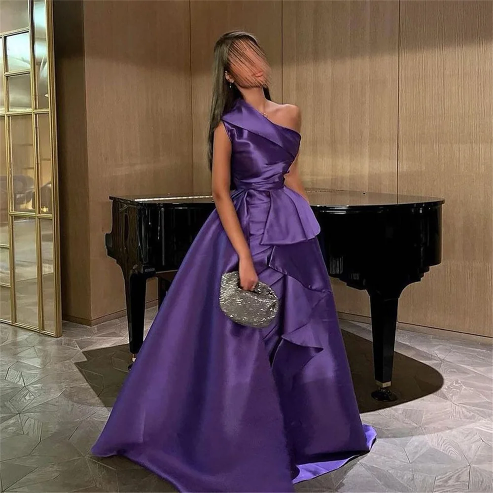 

FLORINE TULIRAIN Elegant One Shoulder Sleeveless Pleat A Line Long Evening Dress Backless Floor Length Sweep Train Prom Gown New