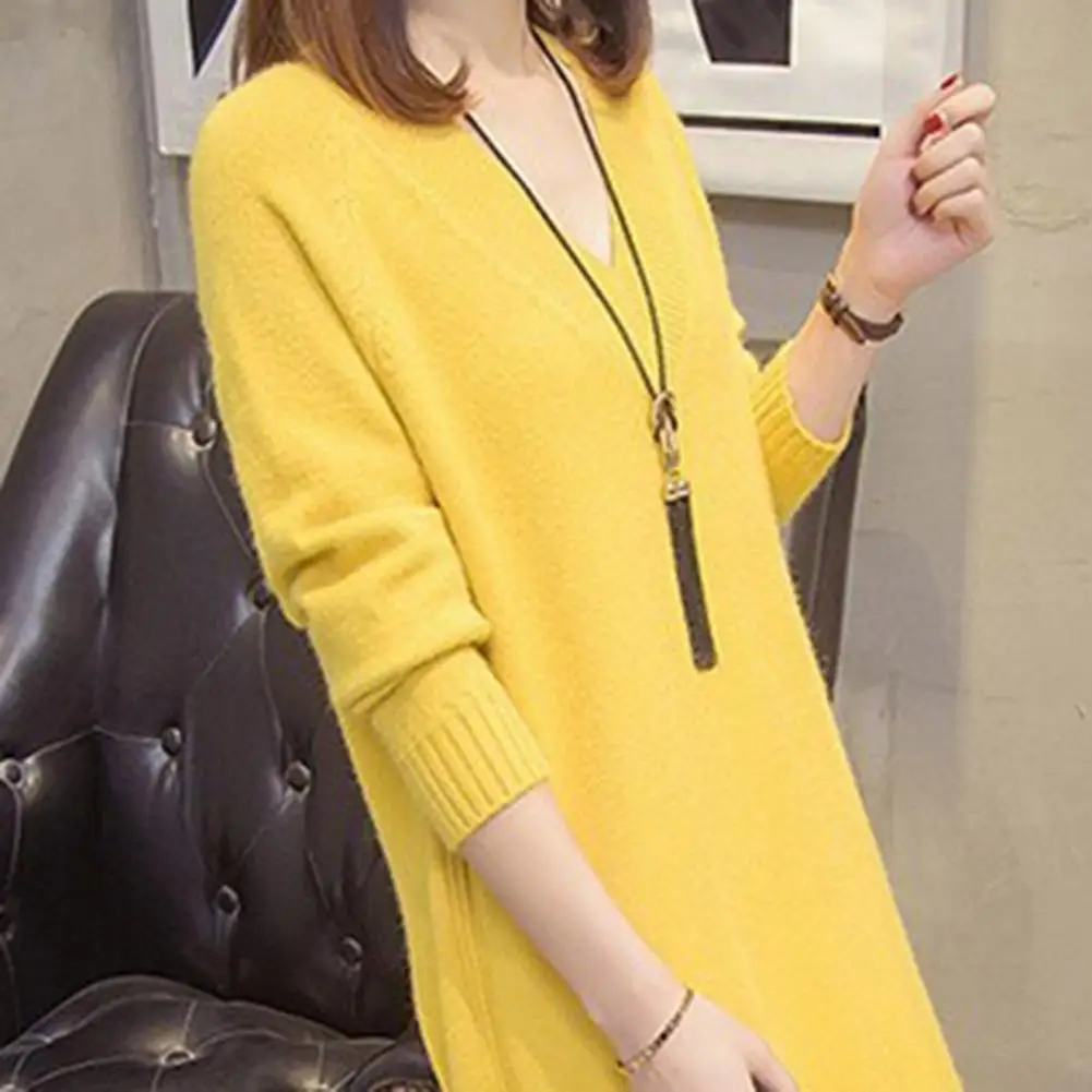 

Autumn Winter Sweater Loose Fit Sweater Cozy V-neck Sweater Dress for Women Thick Knitted Warm Midi Pullover Soft Loose Fall