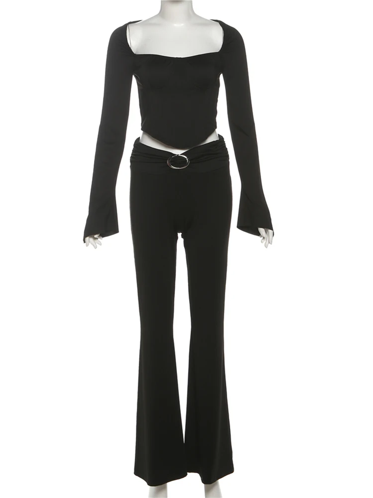 Nibber Sexy 2Piece Set Women Low-Neck Long Sleeve Fake Fishbone Decoration Backless Crop Top+Folds Metal Trim Pant Classic Suits