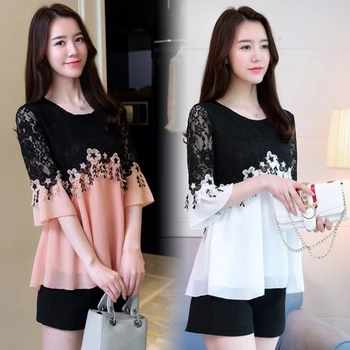 Women Elegant Patchwork Chiffon Blouse Spring Summer Casual Half-Sleeve O-Neck Loose Shirt Office Lady Tunics Oversized Tops