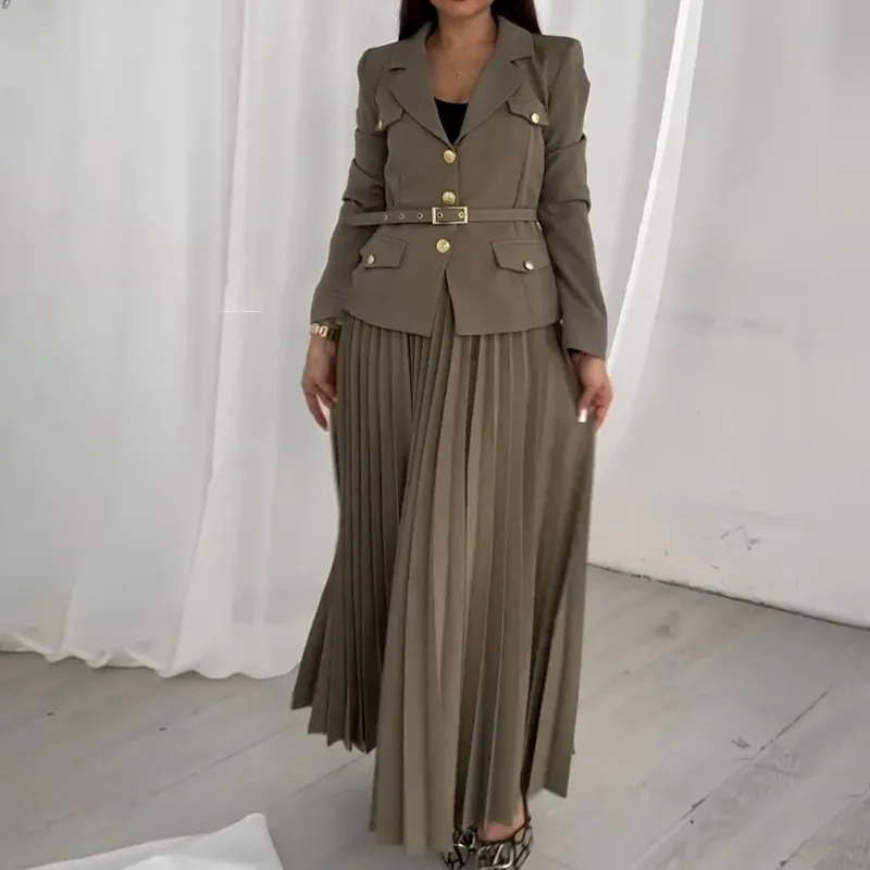Long Dresses for Women Two Piece Dress Autumn Suit Collar Long Sleeve Pleated Skirt A-Line Slim Belt Black Dress Two-piece Set 6