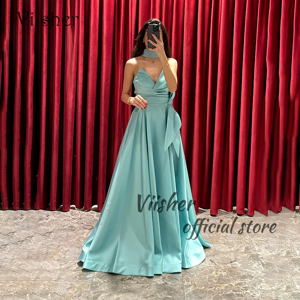 

Viisher Aqua Satin A Line Evening Dresses V Neck Pleats Ruched Long Prom Party Dress Arabic Dubai Formal Evening Gowns