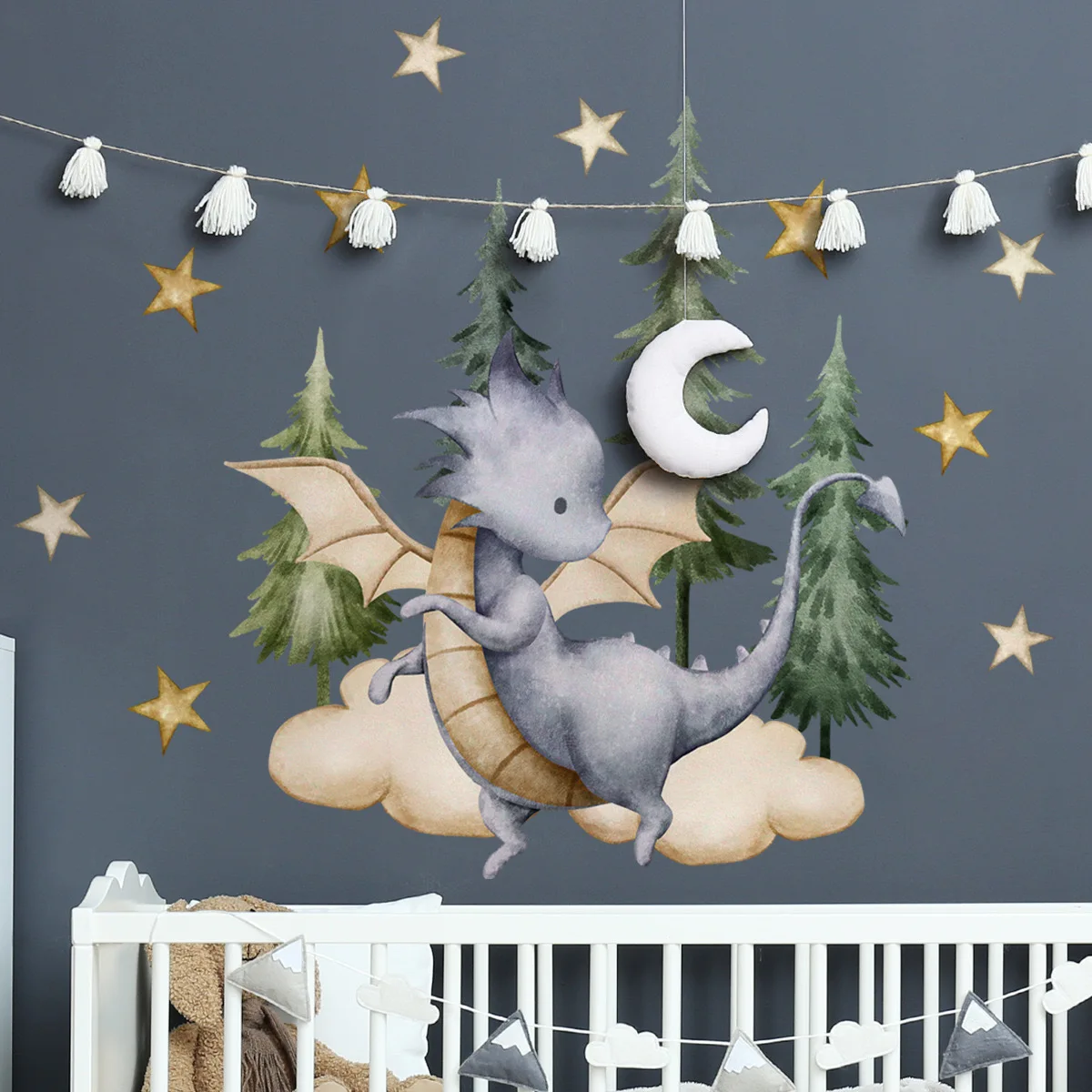 

Cartoon flying dragons big trees clouds stars wall stickers for children's houses home decoration wall stickers