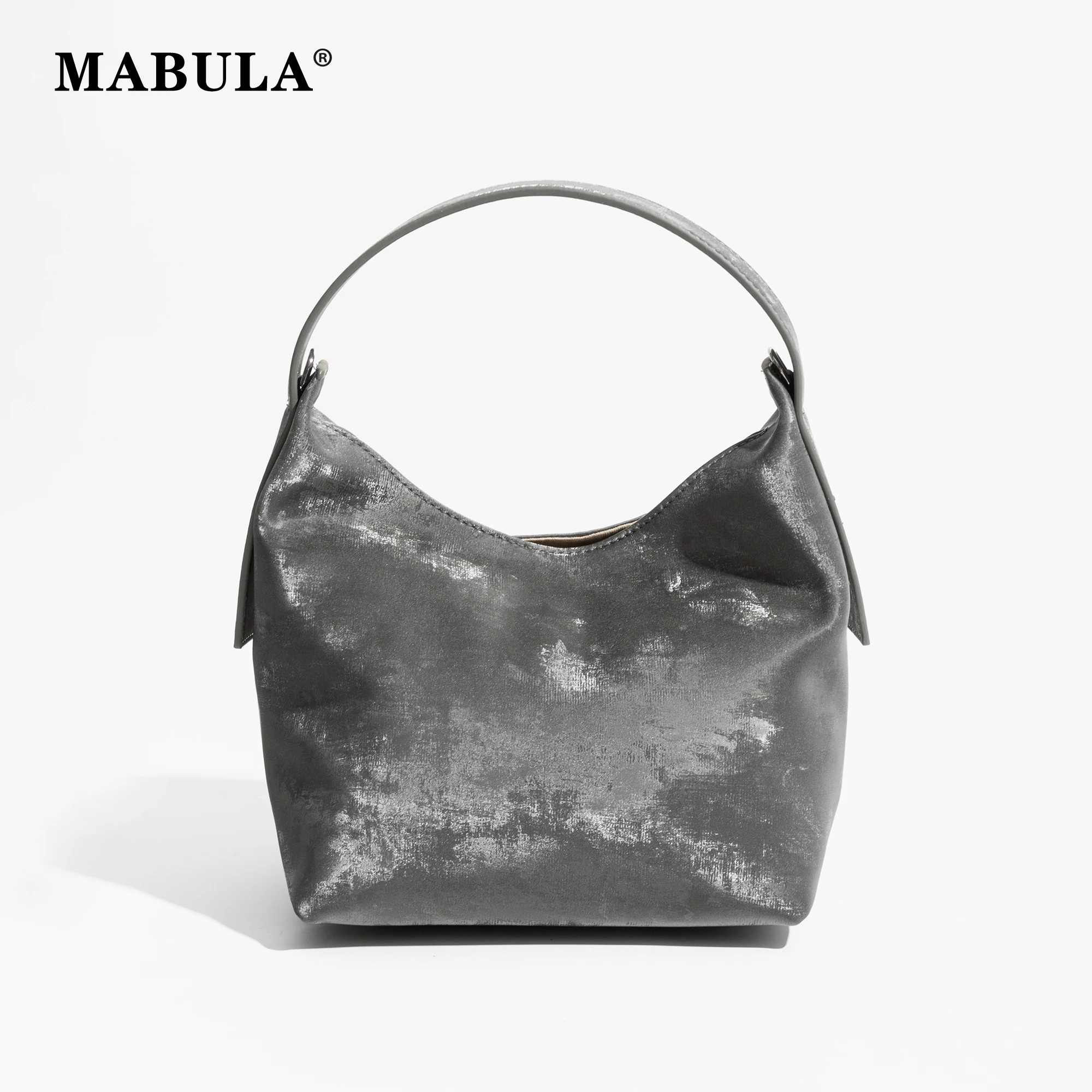

MABULA Luxury Gray Genuine Leather Top Handle Purse Stylish Female Elegant Clutch Handbag Small Unique Cross Body Bag