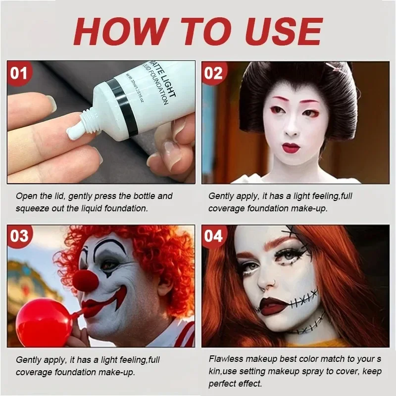 1PC/2PCS White Liquid Foundation 37ml Full Coverage Oil Control Long Lasting for Stage Halloween Cosplay Makeup