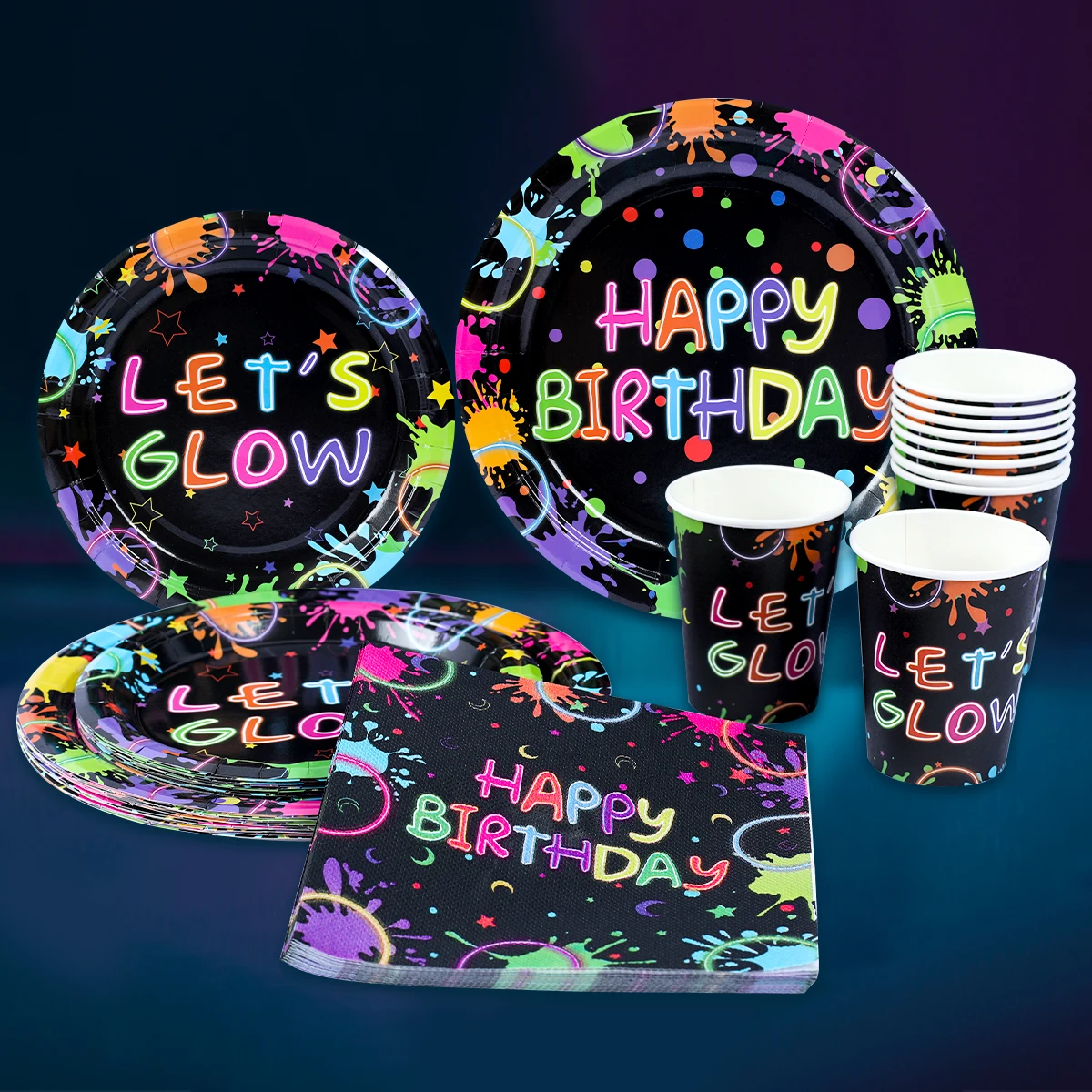 

Let's Glow In The Dark Party Tableware Tablecloth Cup Plates Banner Napkins straws Balloons Neon Glow Birthday Party Decoratio