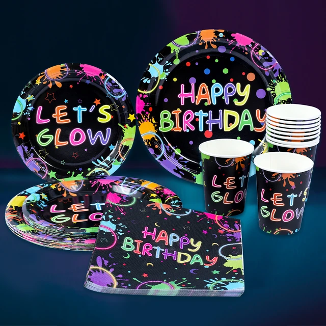 Glow Neon Party Supplies - Neon Balloon, Glow in The Dark Happy Birthday Banner, Hanging Swirls, Cake Topper, Tablecloth, Plates, Napkins, Cup for