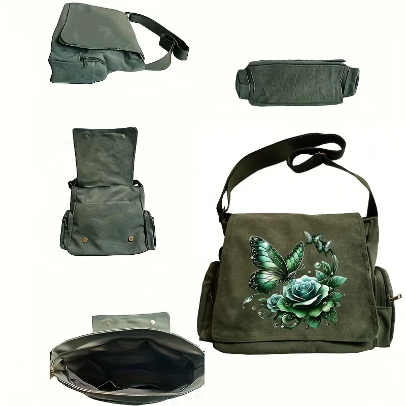 Women's Large Capacity Vintage Tote Bag with Rose & Butterfly Floral Print Multiple Pockets Shoulder Bag For Women Commuting