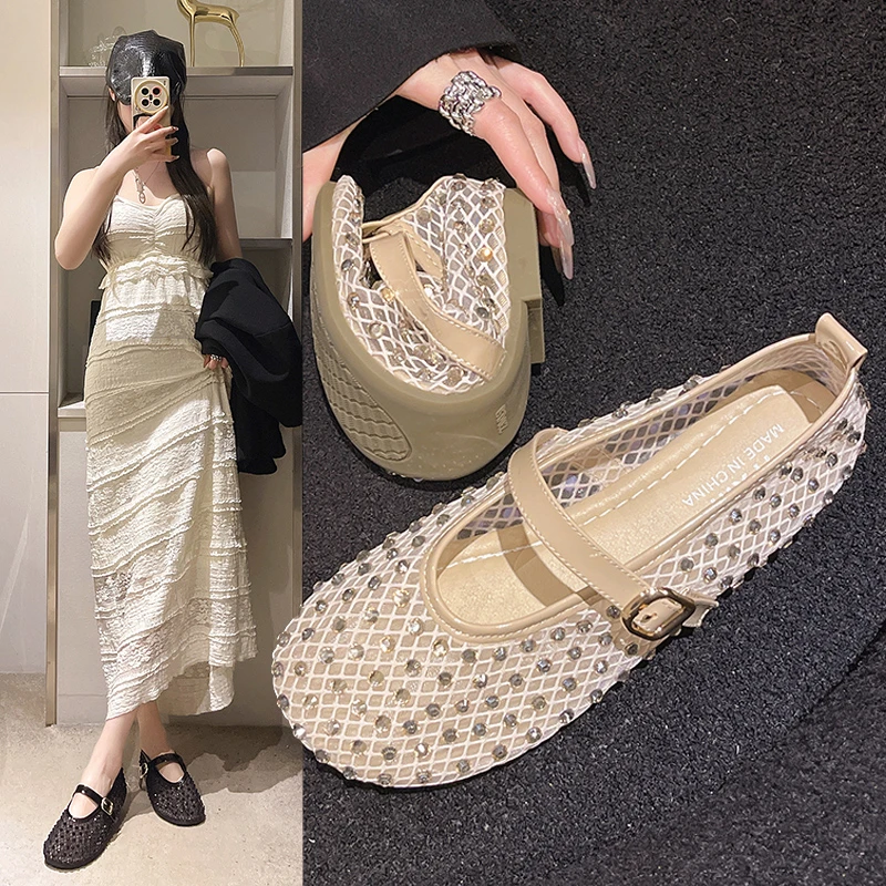 Women's Flat Shoes Grid Rhinestones Soft Sole Light Shoes for Women Daily Commute Dress Breathable in Summer Zapatillas De Mujer 2