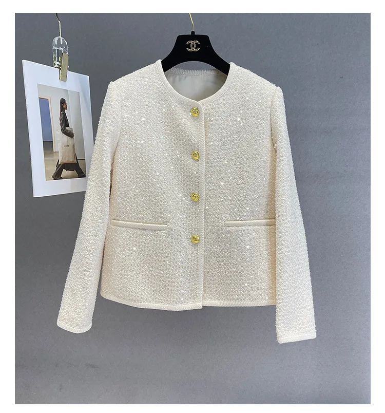 Luxury Sequin Tweed Jacket for Women, Small Fragrance, Classic 