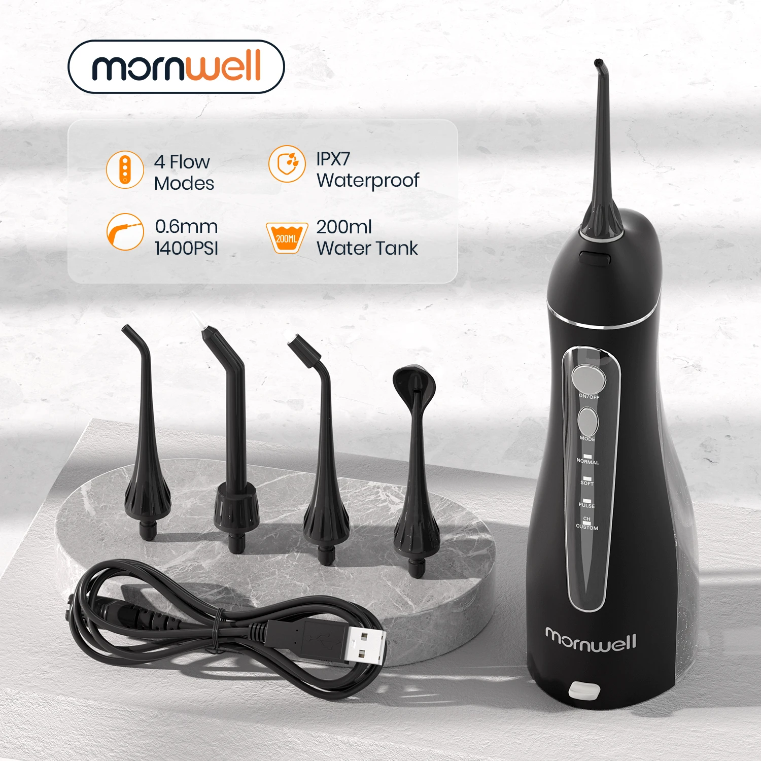 Mornwell-irrigador Oral Portátil com Bolsa de Viagem Flosser de Água Recarregável Usb Bicos Water Jet Tanque de Água 200ml Impermeável