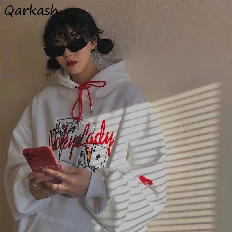 

Женские толстовки для колледжа, утепленная универсальная Осенняя Женская одежда, повседневные пуловеры, теплые свободные толстовки с капюшоном и вышивкой Ulzzang Ins