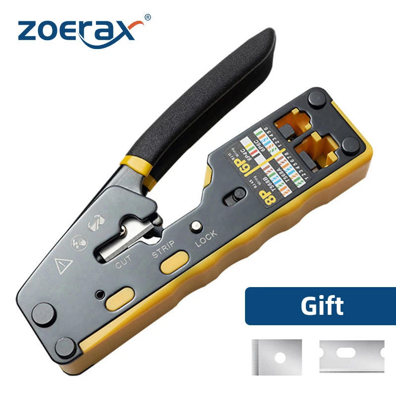 Zoerax Pass Through Crimper Cutter Conector Modular Ethernet Tudo-em-um Fio Ferramenta Rj45 Cat6 Cat5 Cat5e 8p8c