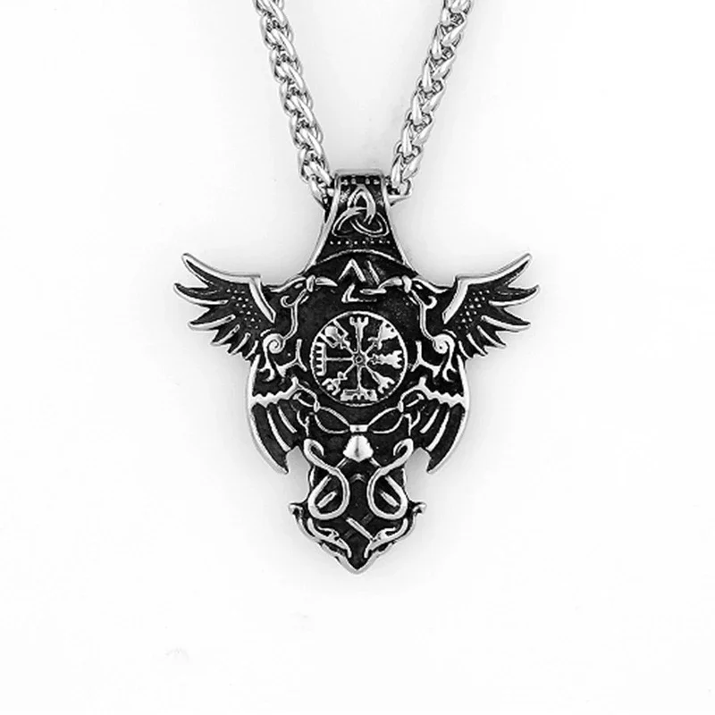 

CHUANGCHENG Double Crow Compass Nordic Pirate Pendant Men's Personality Trend Stainless Steel Necklace